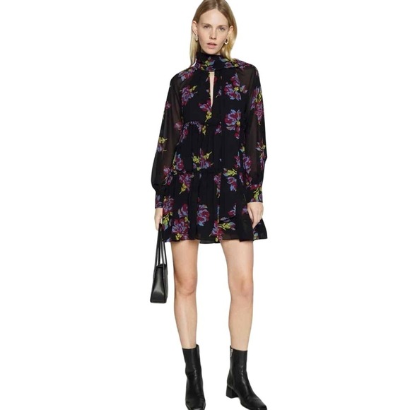 Cinq a Sept Revina Floral Gauze Minidress size US 4 Black Multi - Picture 1 of 11